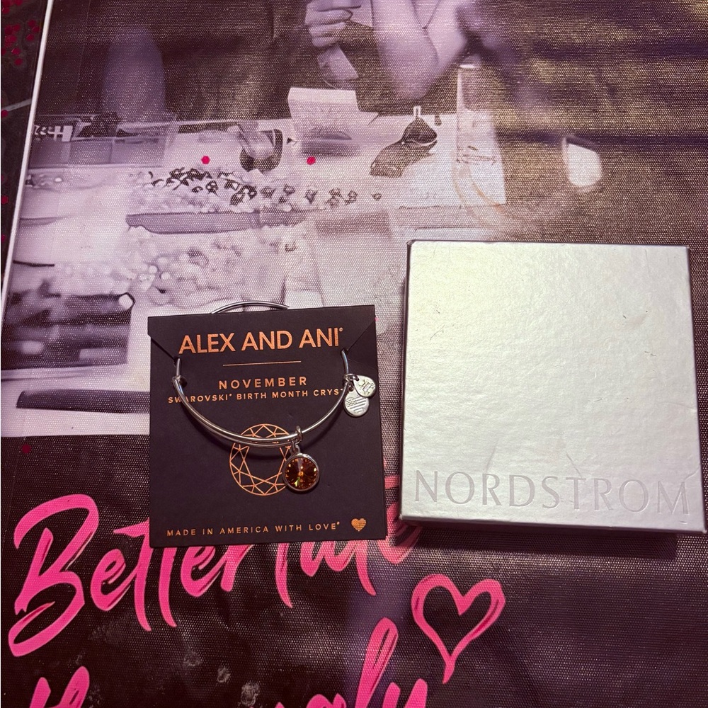 Alex and Ani Silver-Tone Bangle with Amber Crystal Charm